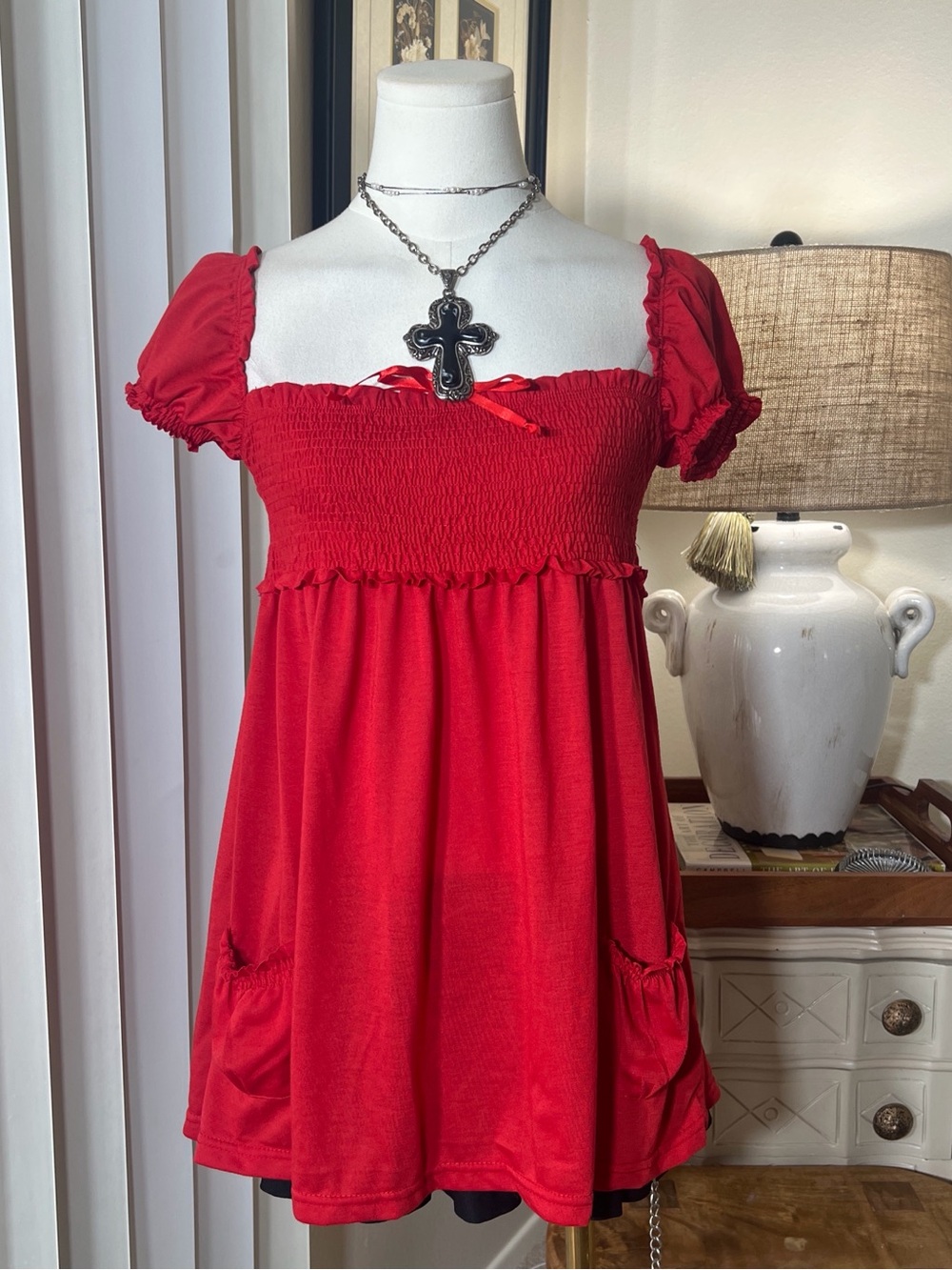 Y2K Red Smocked Puff Sleeve Babydoll Dress